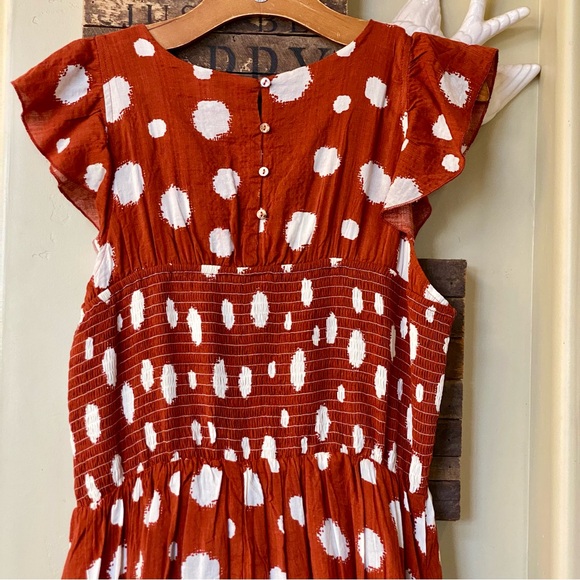 THML Rust Polka Dot Smocked Flutter Sleeve Dress - Picture 10 of 15